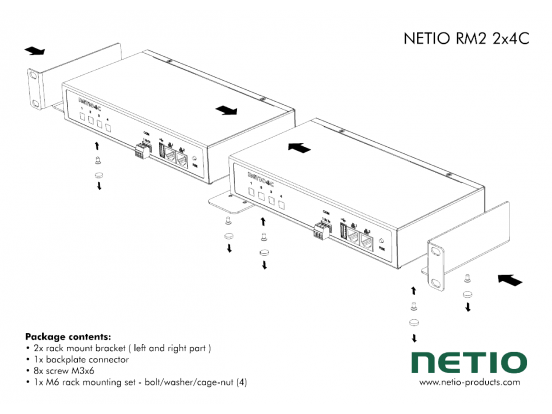 Metal brackets to install two NETIO 4C devices into a 1U space in a 19” rack frame. 