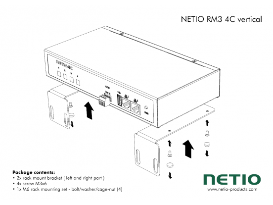 Metal brackets to fasten one NETIO 4C device to a vertical bar in a rack frame
