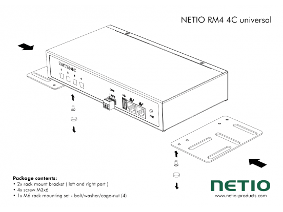 Universal metal brackets to fasten one NETIO 4C device e.g. to horizontal bars in a rack frame