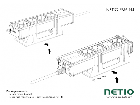 A metal bracket to fasten one NETIO 4 or NETIO 4All device to a vertical bar in a rack frame