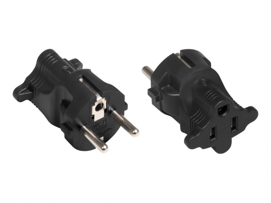 A plug adapter for a 110/230V power cable with a US (NEMA) plug. The adapter fits into European FR (Type E) or DE (Type F – Schuko) sockets as a Europlug (CEE 7/7). 