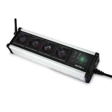 NETIO 4 smart power strip with four 230V/8A sockets, connected to LAN and WiFi NETIO 4 is power socket programmable in Lua scripting language